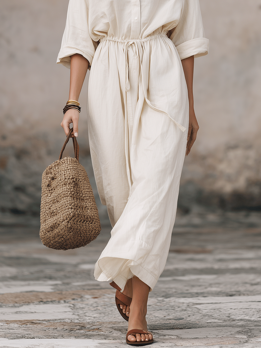 Vestido maxi bohemio tipo camisa sin esfuerzo con cordón en la cintura
