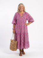 Apolline™ | Vestido midi estampado de manga tres cuartos con escote en V