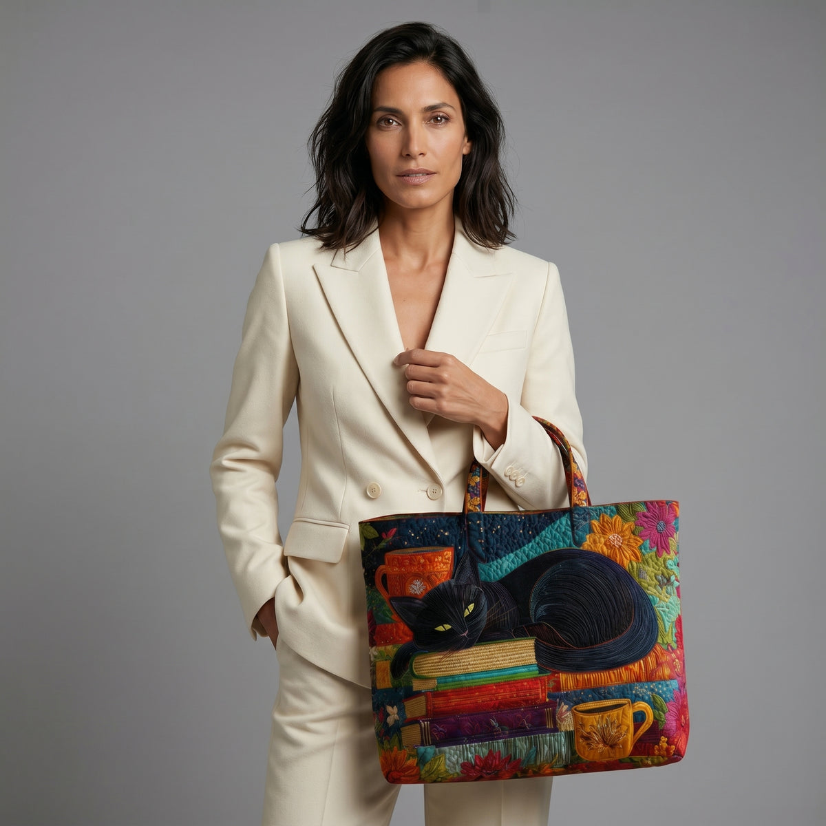 Bolso Artesanal | Gato Negro con Libros y Tazas