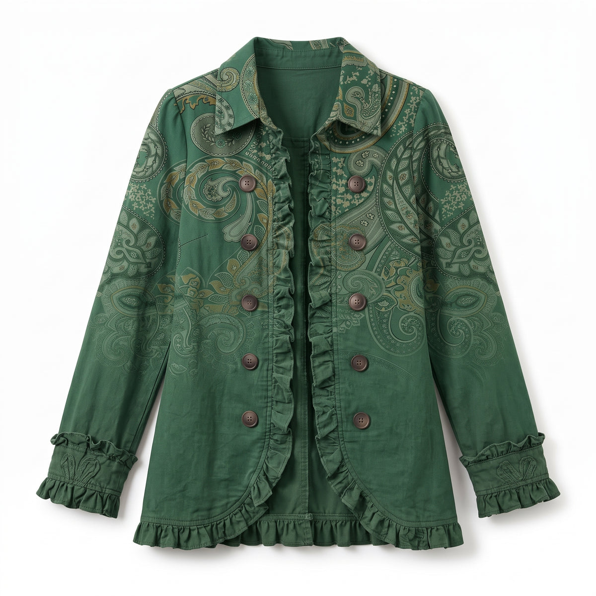 Alessandra | Chaqueta Bohemio-Chic Bordada Floral Verde Retro con Volantes