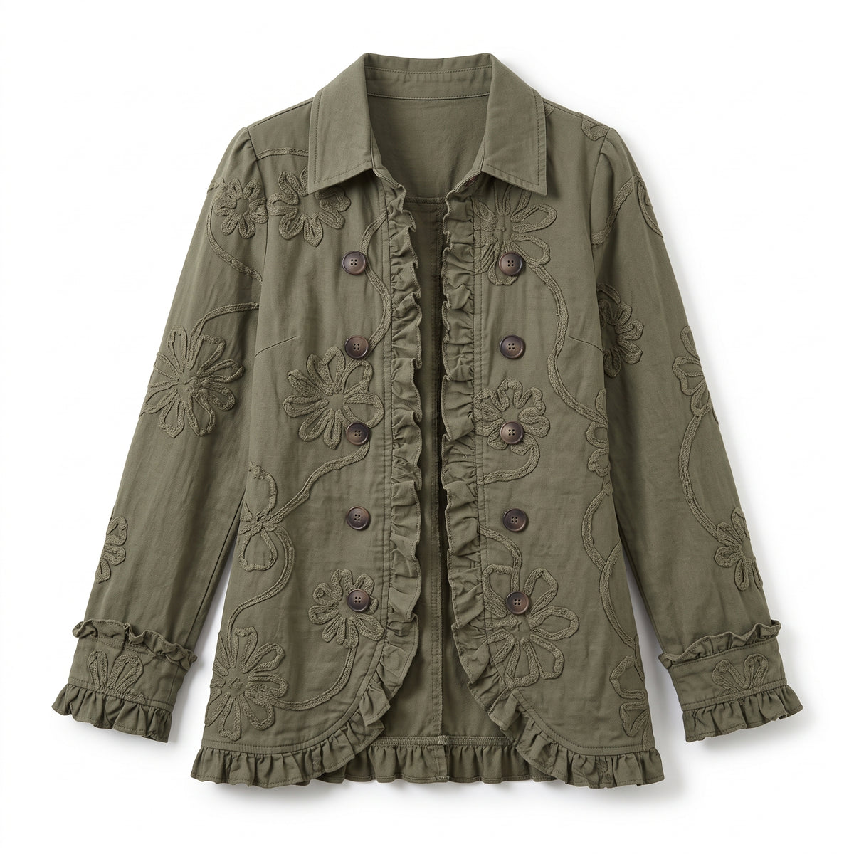 Alessandra | Chaqueta Bohemio-Chic Bordada Floral Verde Retro con Volantes