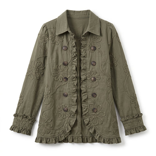 Alessandra | Chaqueta Bohemio-Chic Bordada Floral Verde Retro con Volantes