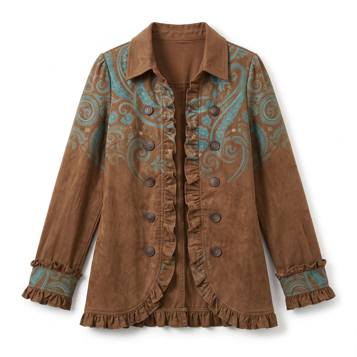 Alessandra | Chaqueta Bohemio-Chic Bordada Floral Verde Retro con Volantes