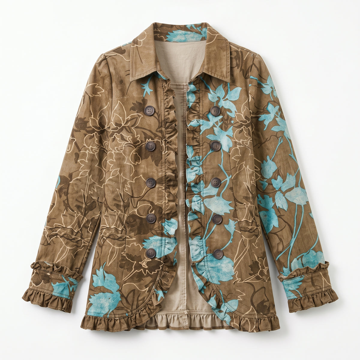 Alessandra | Chaqueta Bohemio-Chic Bordada Floral Verde Retro con Volantes