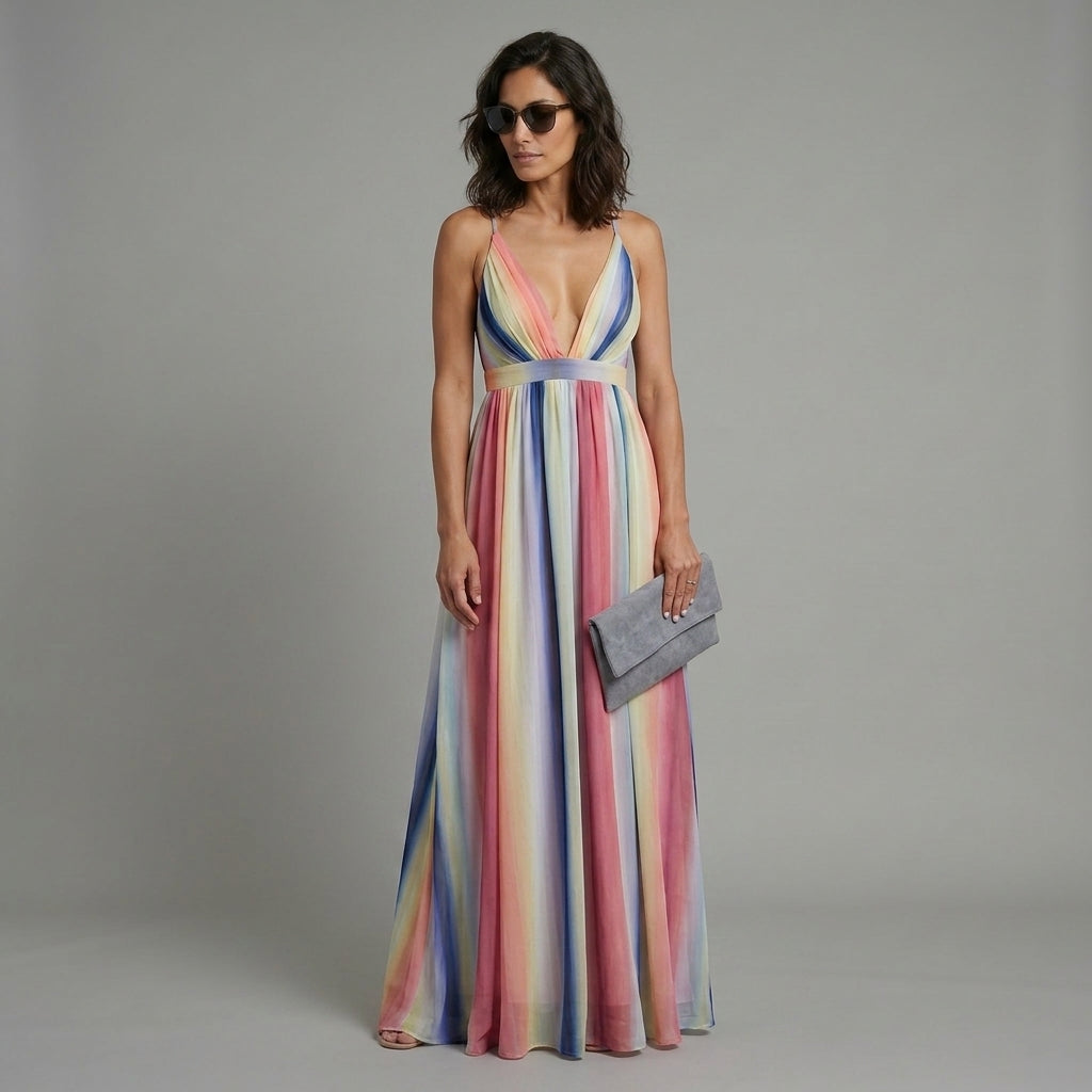 Vestido de mujer a rayas multicolor con escote en V