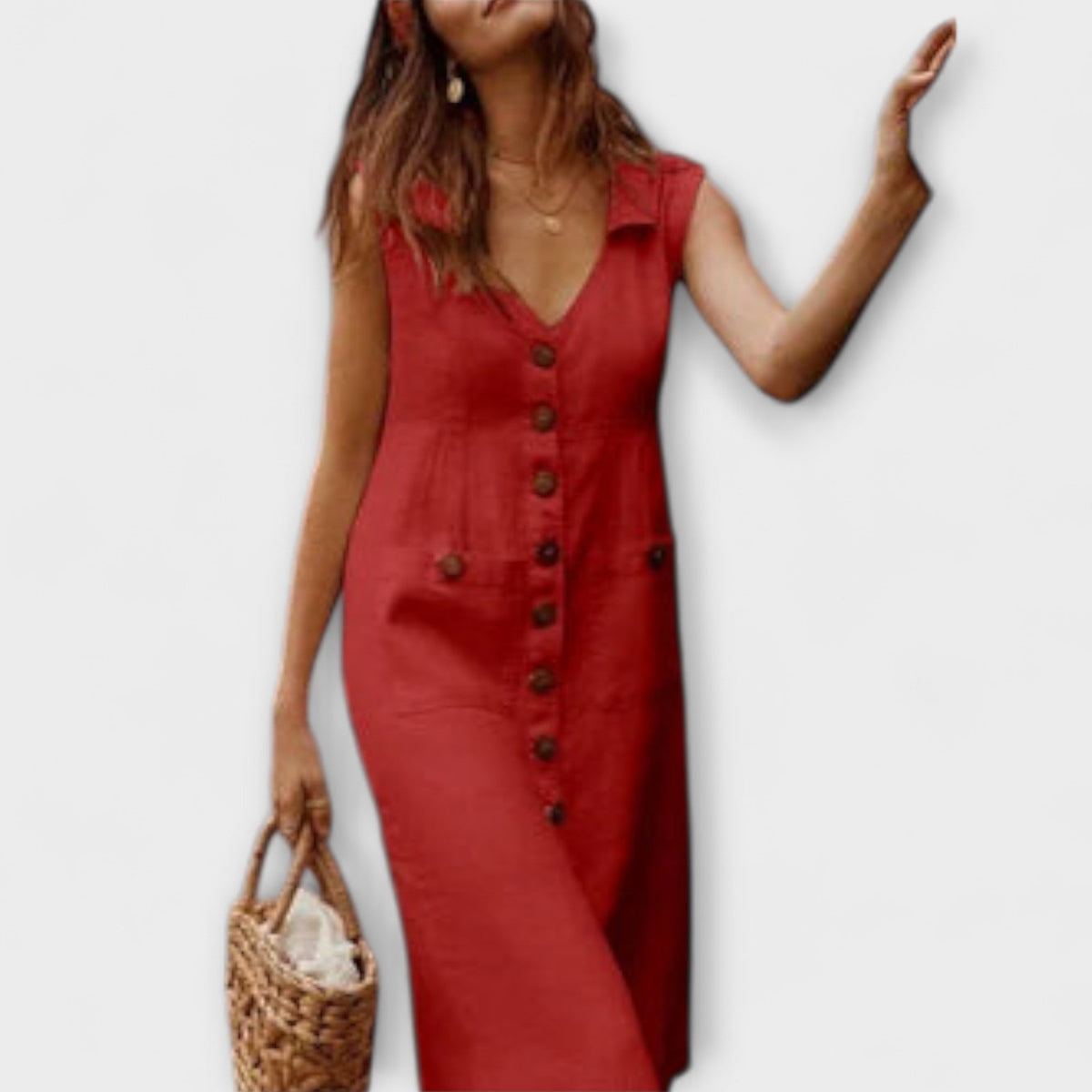 Nora – Vestido de línea A de algodón y lino con escote en V