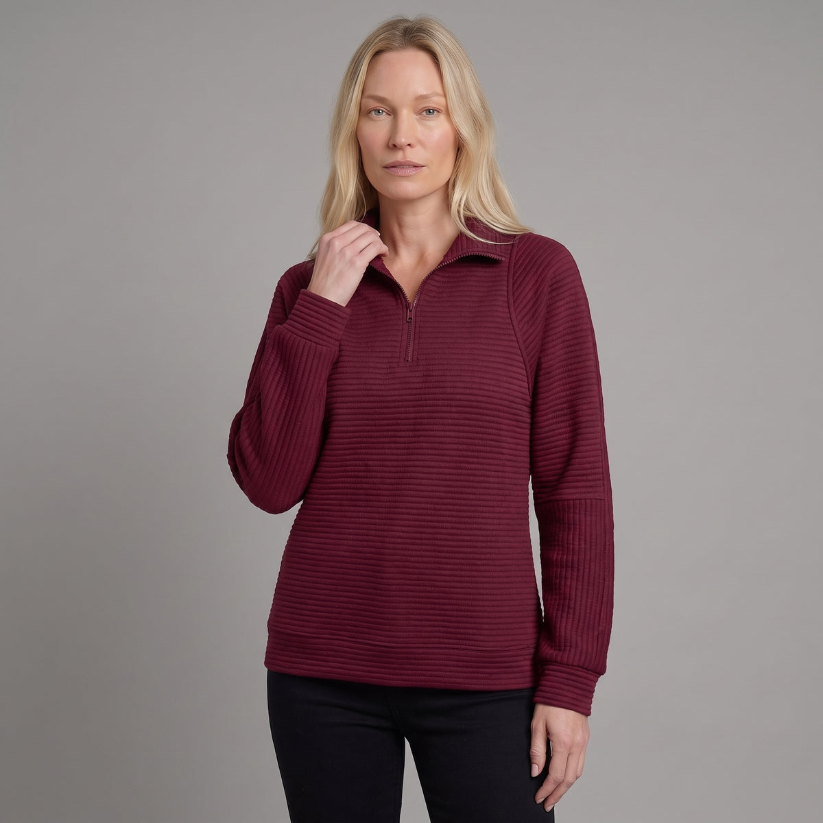 Helene Jersey de Cuello en V con Cremallera y Manga Larga