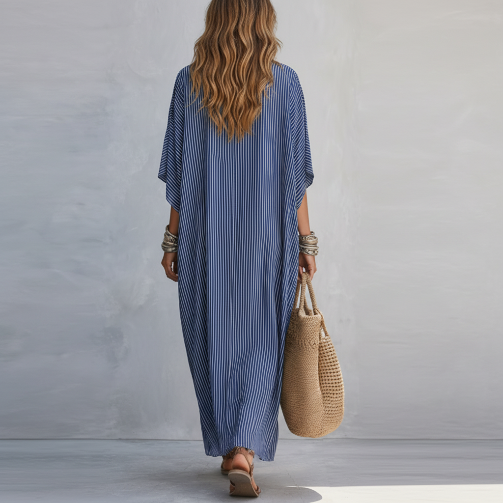 Vestido largo minimalista de rayas azules