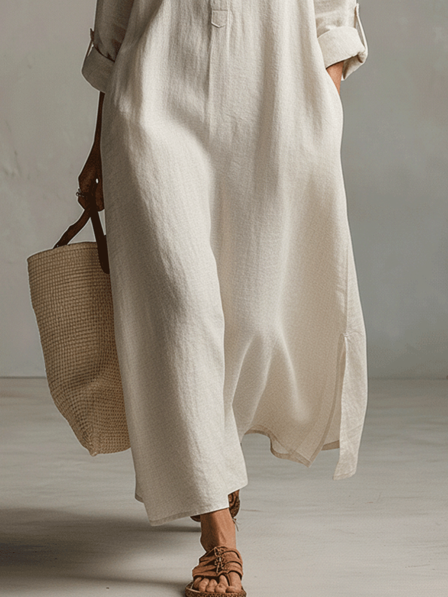 Vestido camisero maxi vintage ligero en crema natural