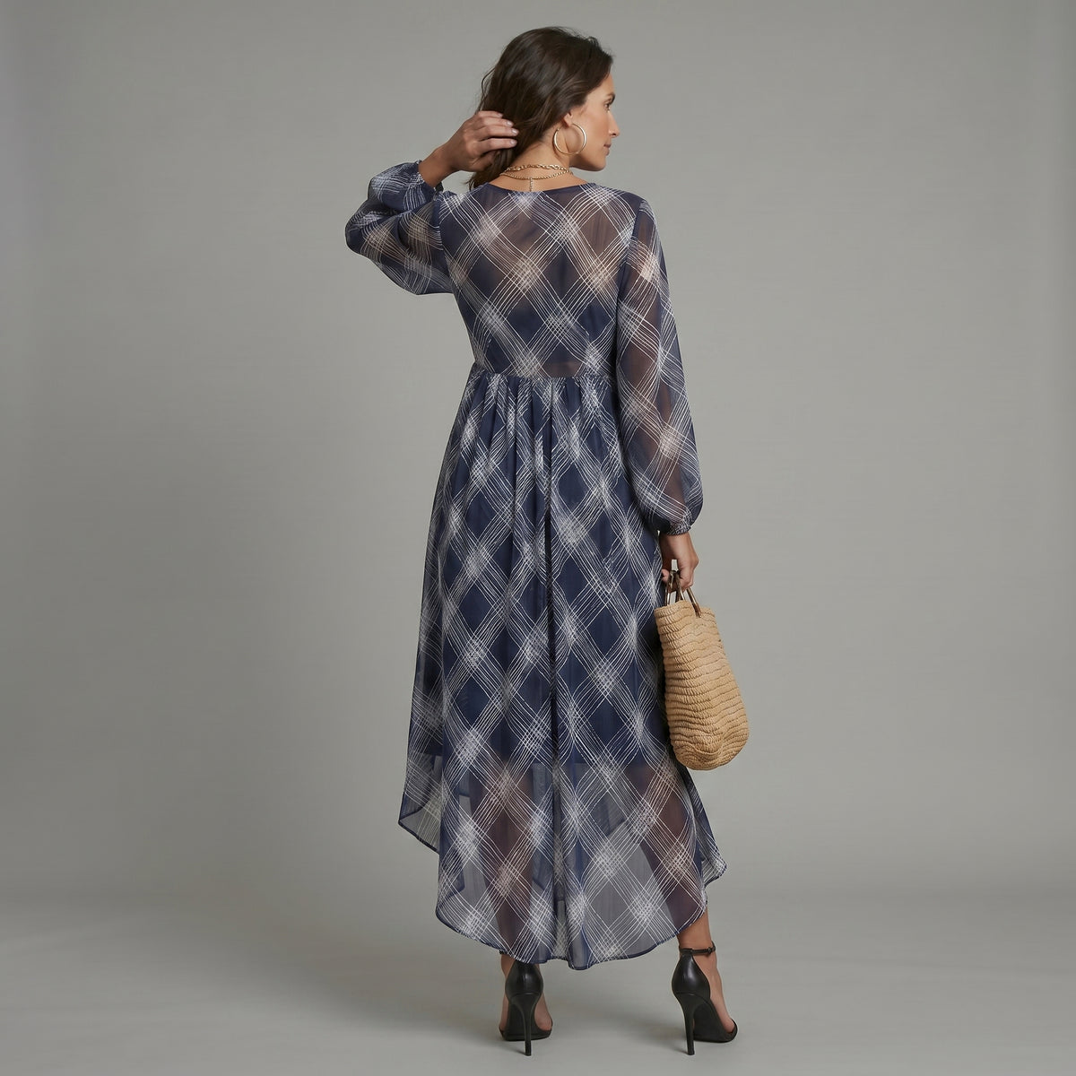 Vestido maxi fluido de estilo francés, azul marino a cuadros, de corte relajado
