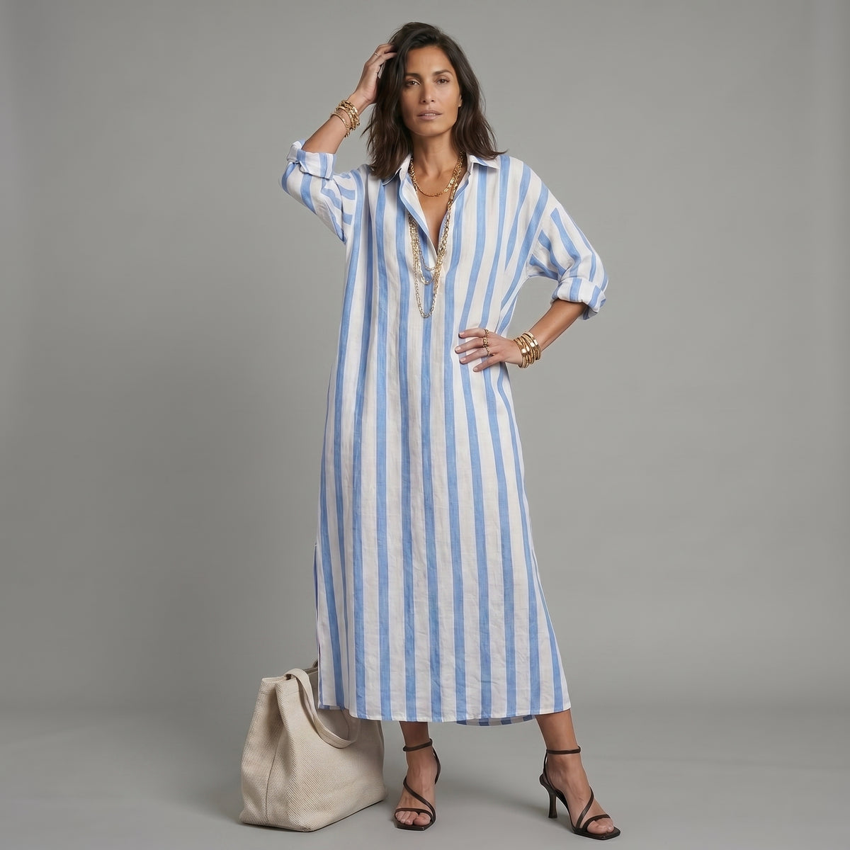 Camisa casual a rayas y vestido maxi de estilo bohemio