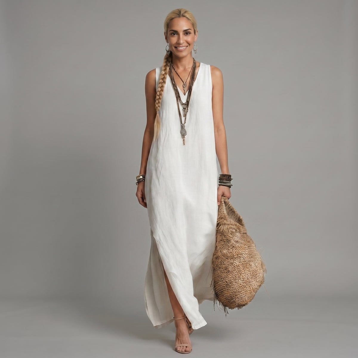 Vestido maxi blanco sin mangas con escote en V