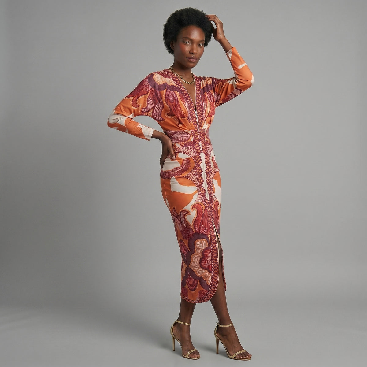 Cleo - vestidos midi únicos con mangas tipo dolman y estampado brasileño