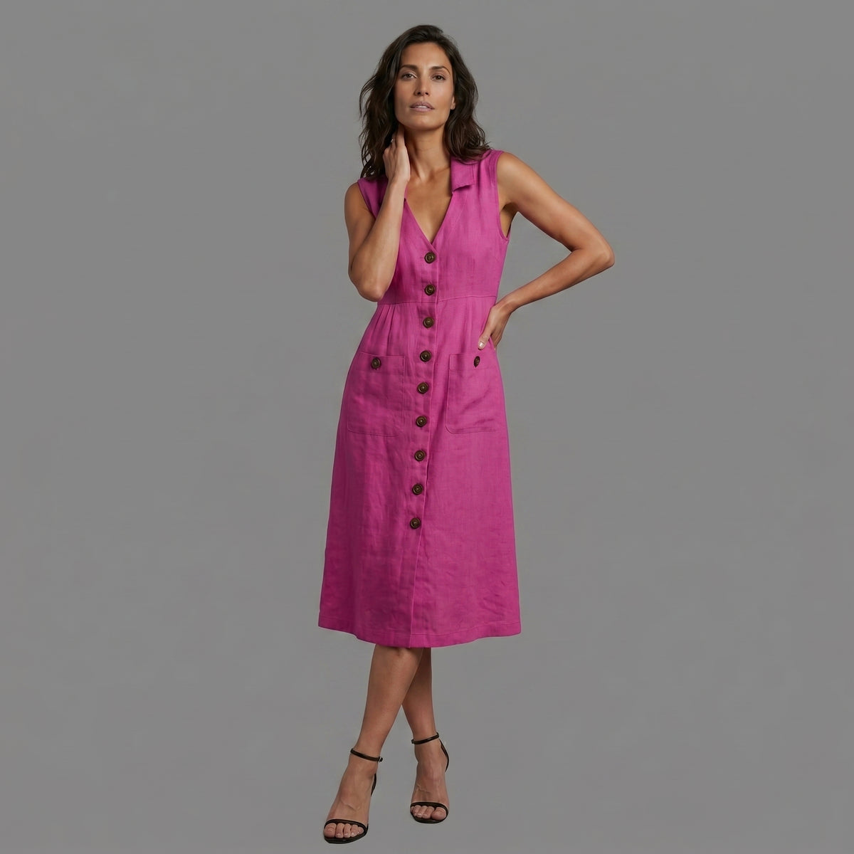 Nora – Vestido de línea A de algodón y lino con escote en V