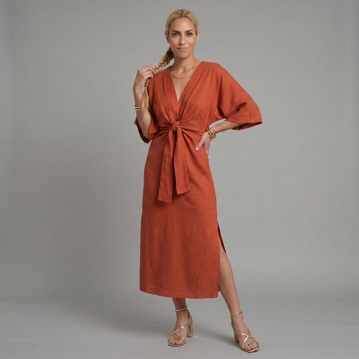Holly - Vestido casual con escote en V, confeccionado en algodón y lino con lazo