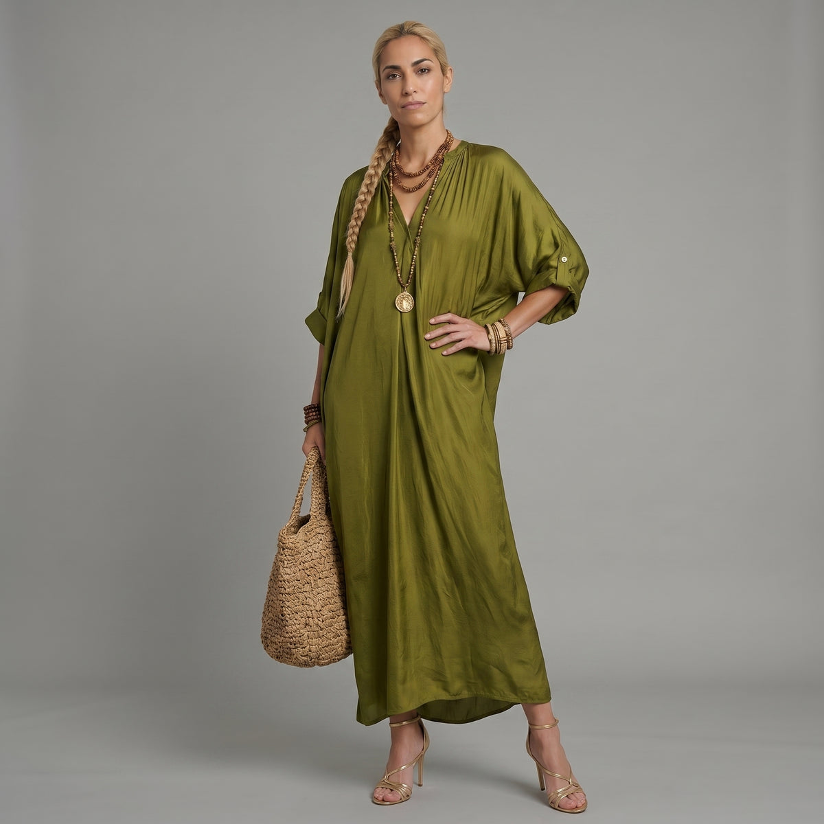 Vestido maxi bohemio verde oliva holgado