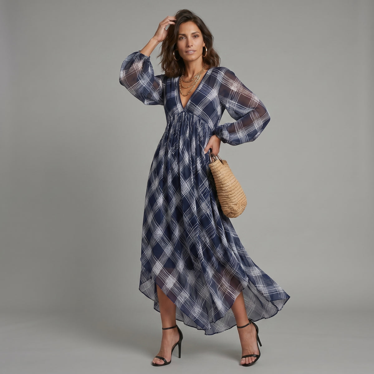 Vestido maxi fluido de estilo francés, azul marino a cuadros, de corte relajado
