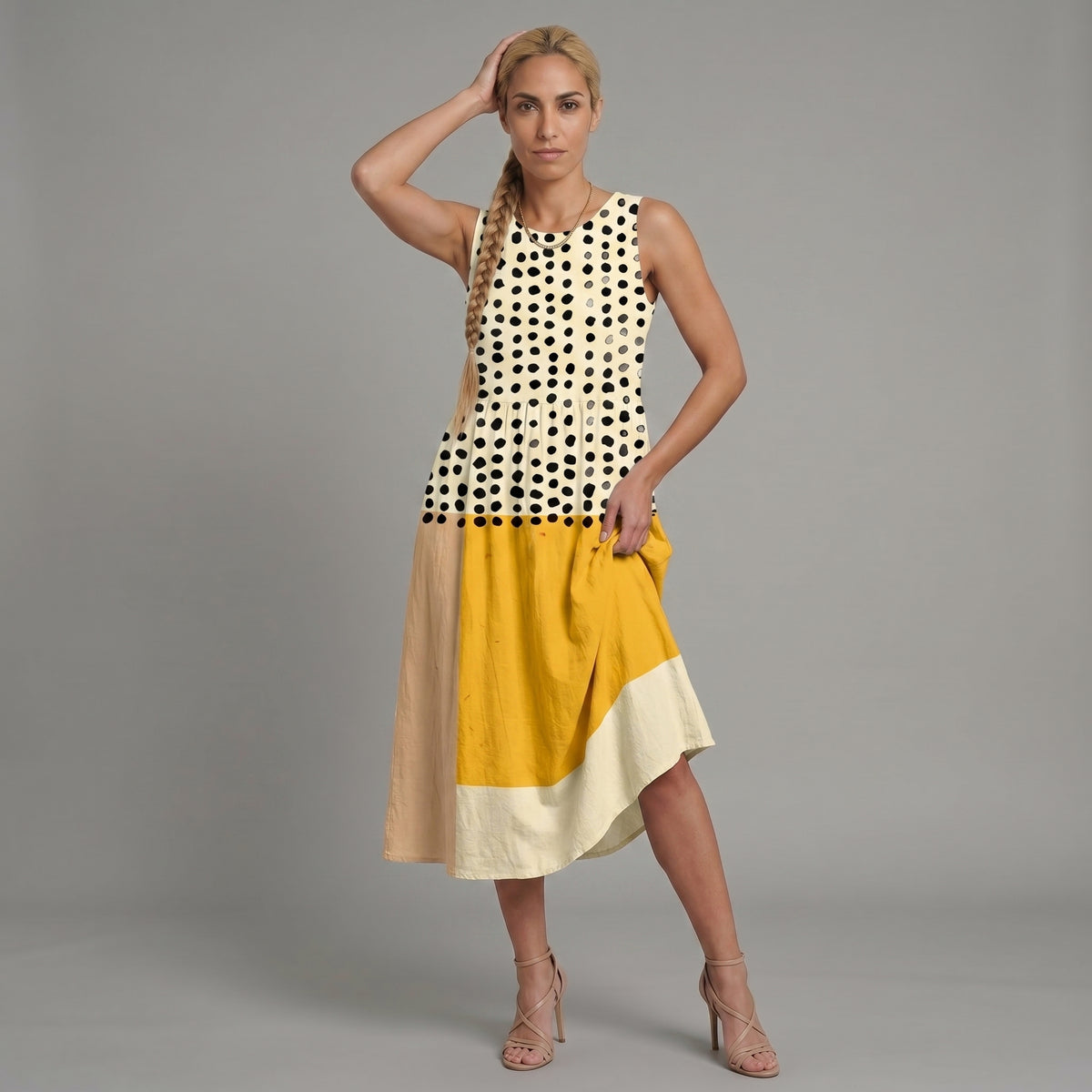 Leah™ | Vestido midi en bloques de color con lunares