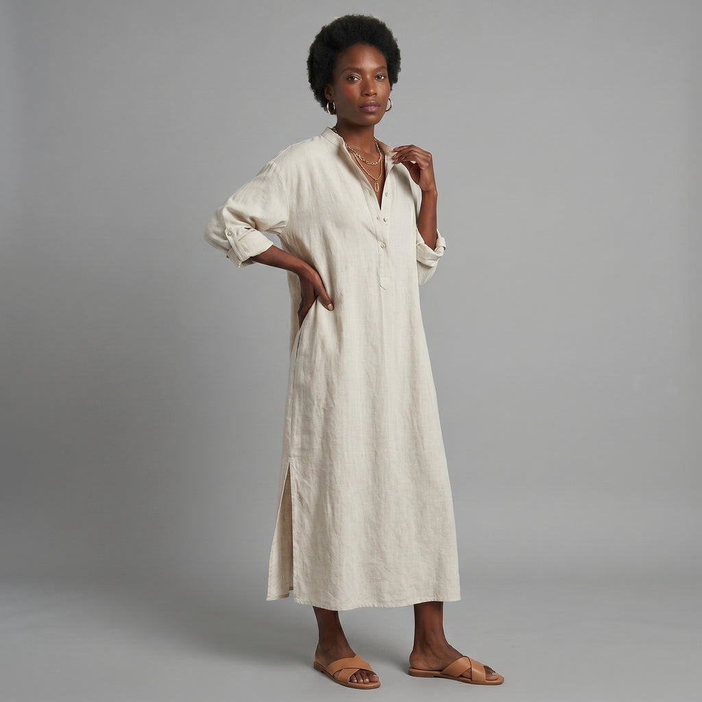 Vestido camisero maxi vintage ligero en crema natural
