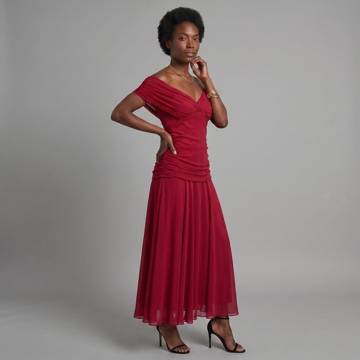 Calen™ | Vestidos midi fluidos de hombro descubierto