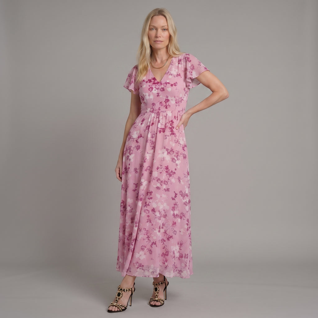 Ismeria™ | Vestido maxi de chifón con estampado floral