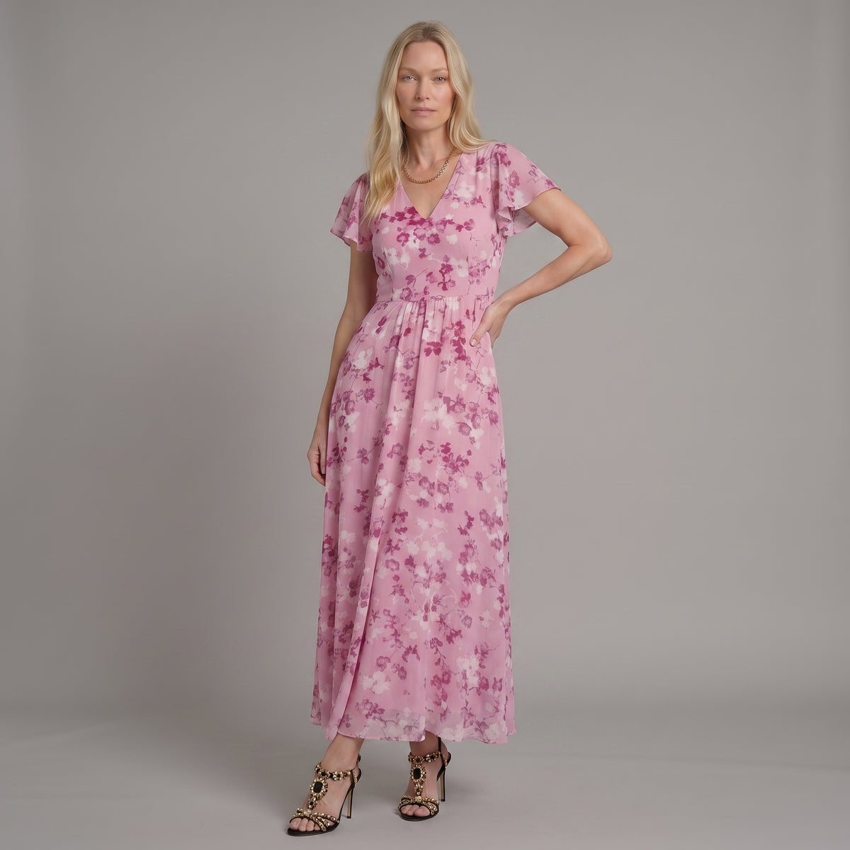 Ismeria™ | Vestido maxi de chifón con estampado floral