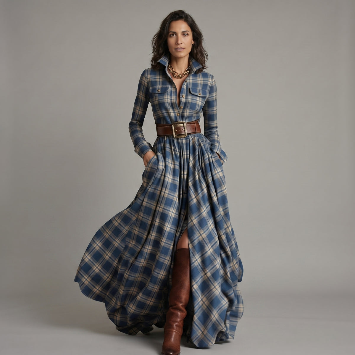 Vestido maxi étnico retro – diseño de cuadros marrones con cuello clásico