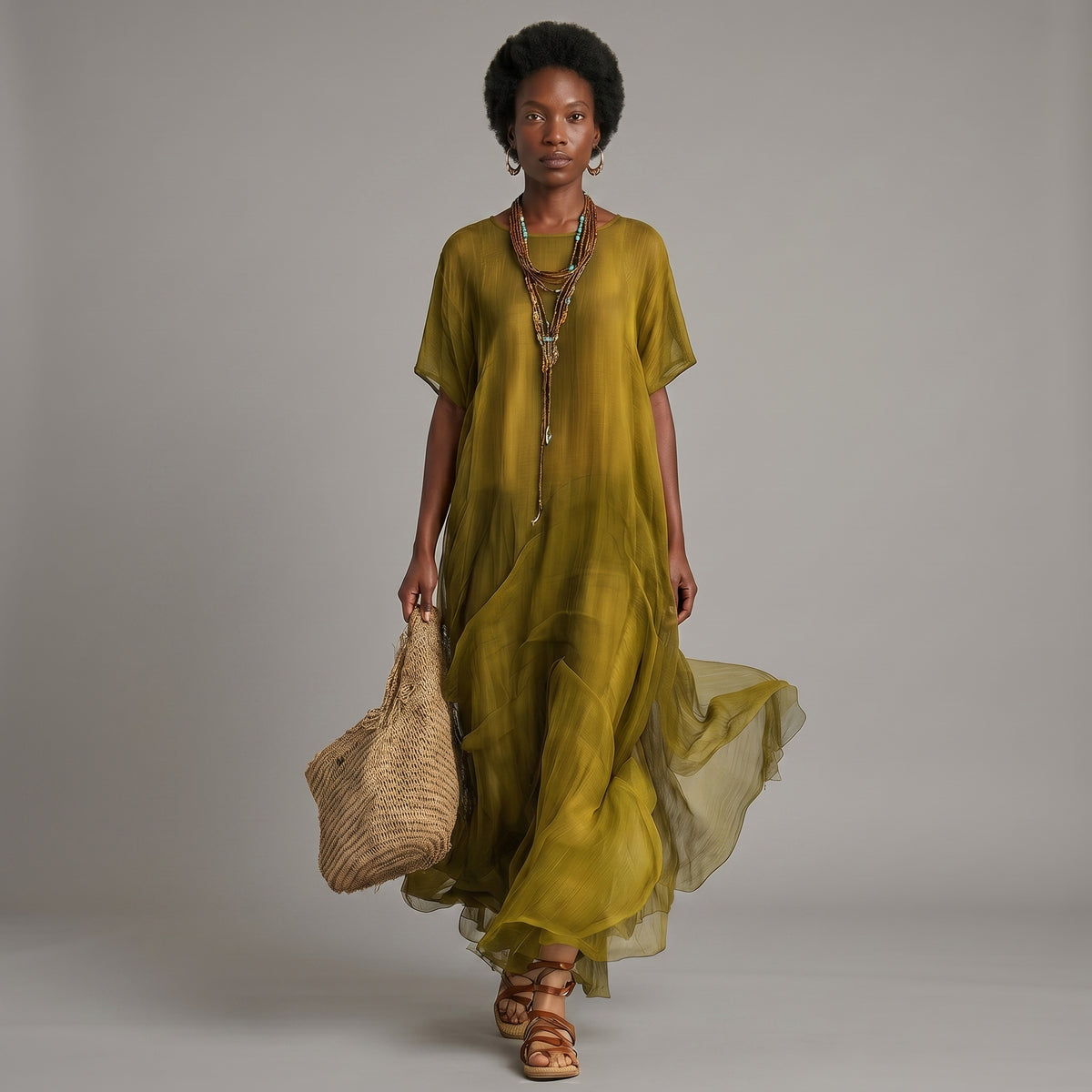 Vestido maxi bohemio verde oliva con silueta drapeada