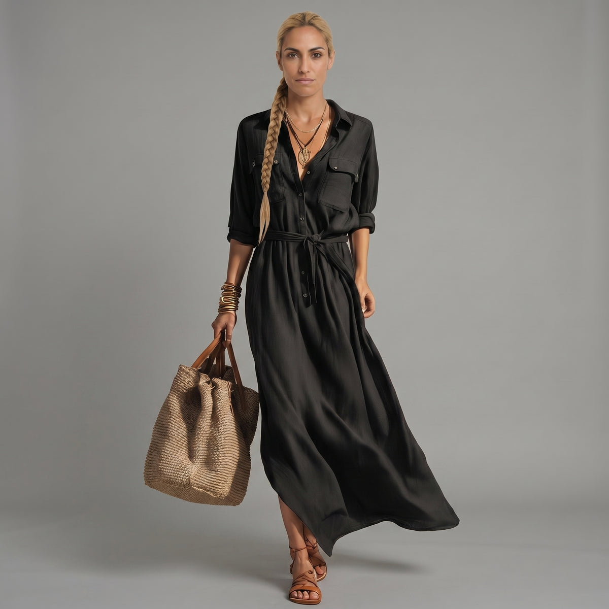 Vestido maxi refinado con cinturón