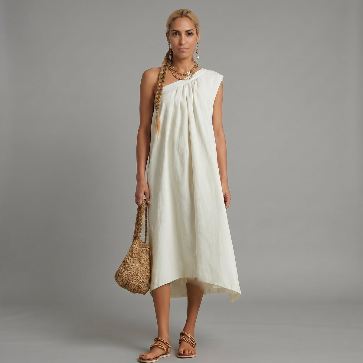 Vestido maxi blanco minimalista con un solo hombro y ambiente de resort