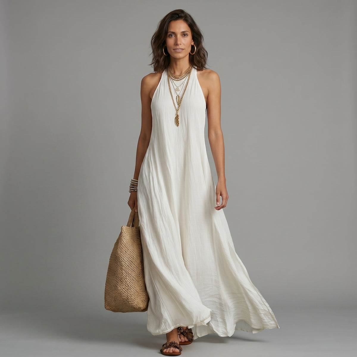 Vestido maxi bohemio sin mangas de caída fluida