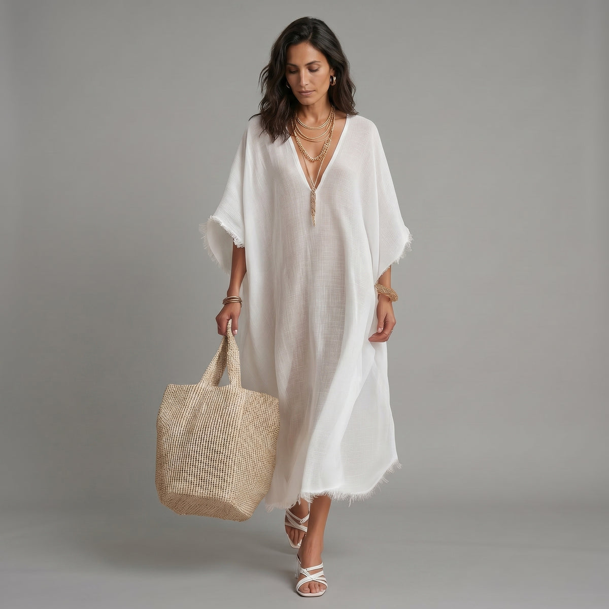 Vestido midi holgado con escote en V