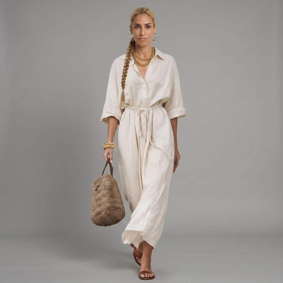 Vestido maxi bohemio tipo camisa sin esfuerzo con cordón en la cintura
