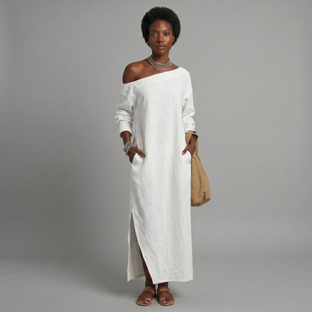 Vestido midi holgado de un solo hombro con abertura